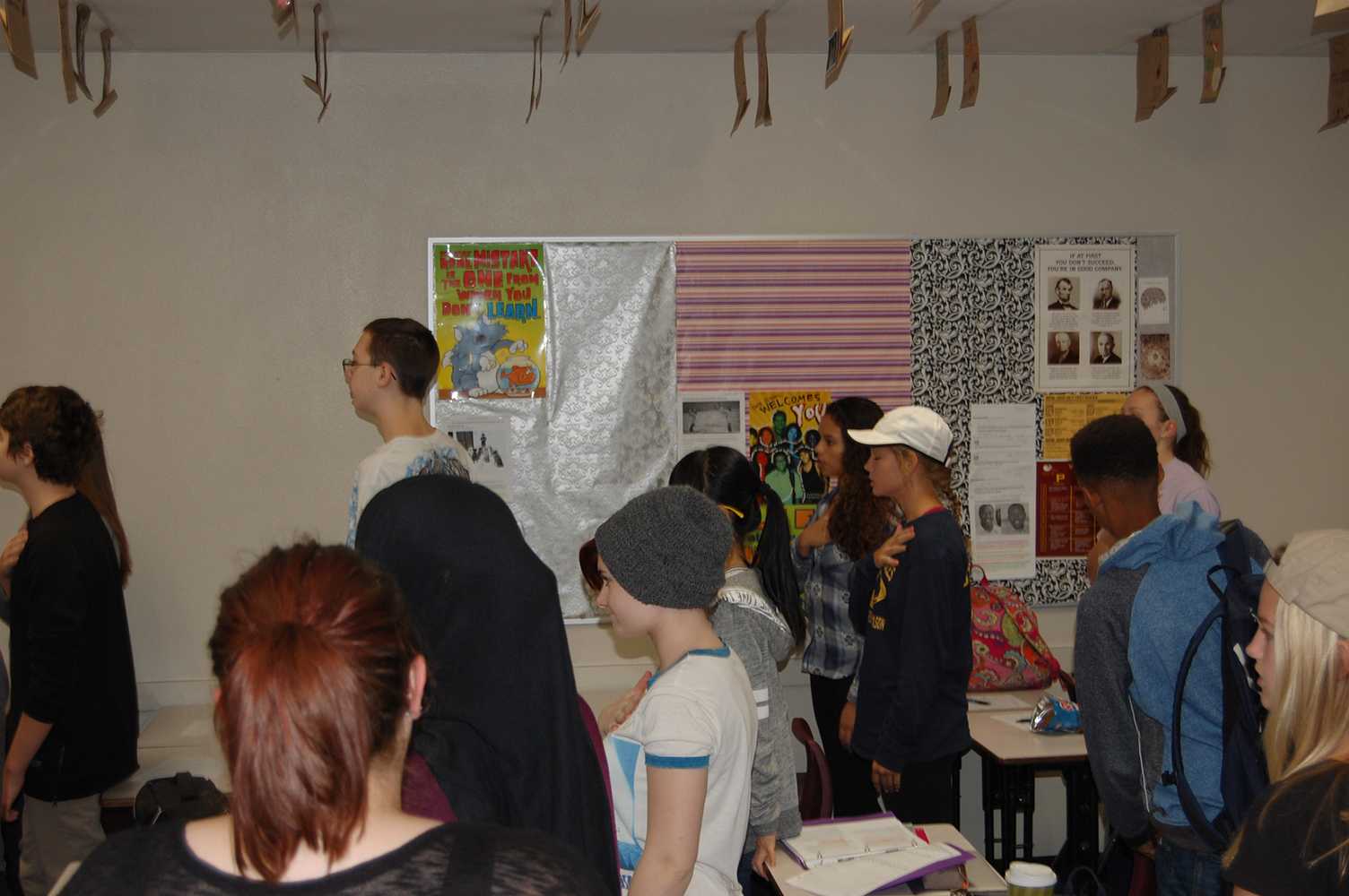 Students saying the Pledge in social studies teacher Jessie Shepherd’s Honors U.S. History class on Sept. 27.
