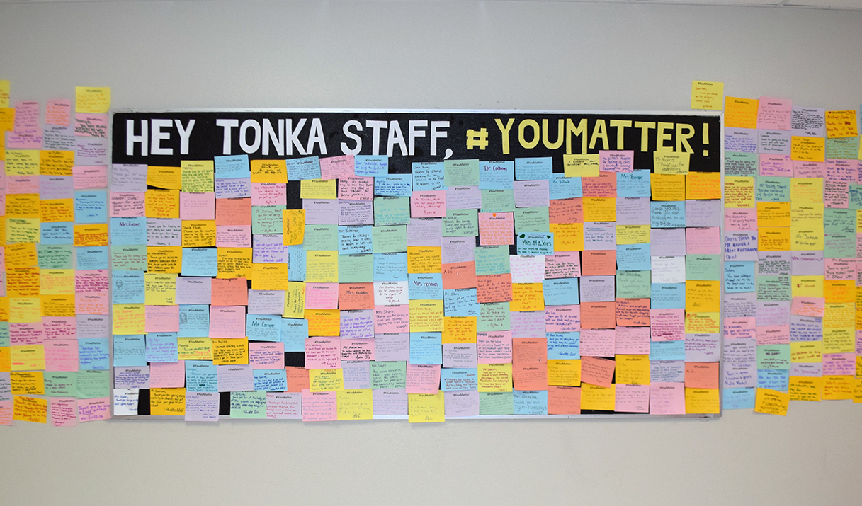 Notes written by students to teachers are displayed on the bulletin board to let let teachers know that they matter on April 21.