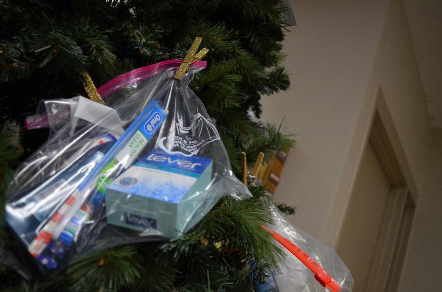 A pre-assembled hygiene kit hangs off of the annual ‘Tree of Clean’ by a clothespin. Donations are accepted in the office through Nov. 20.
