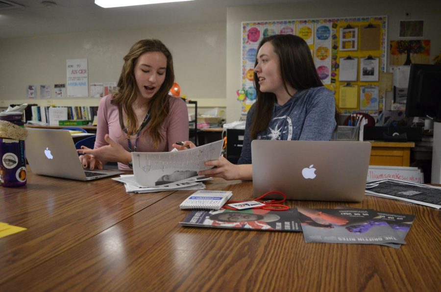 Griffin Rites editor-in-chief junior Katie Bullock, left, works with print managing editor Jessica Glaszczak on an upcoming issue of the newsmagazine. Bullock was selected to the All-State Journalism team on May 4.
