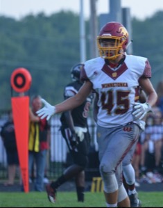 Junior Cozmo Crum playing Winnetonka’s first home game of the 2018-19 school year on August 25. The new coaches
implemented the ‘Brick by Brick’ program as early as summer practice. Photo submitted. 