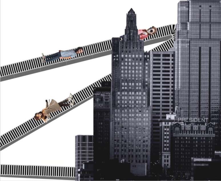 An illustration showing people being funneled into Kansas City. Created by Elizabeth Payton.