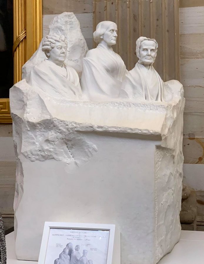 This group portrait monument by Adelade Johnson was carved from marble and placed in the United States Capitol building.  The carving is of the  pioneers of the woman suffrage movement, which won women the right to vote in 1920.  It was sculpted from an 8-ton block of marble in Carrara, Italy. The monument features portrait busts of three movement leaders: Elizabeth Cady Stanton, Susan B. Anthony and Lucretia Mott.  The fourth space is reserved for our future first woman president. Photo by Shannon Le Grand.